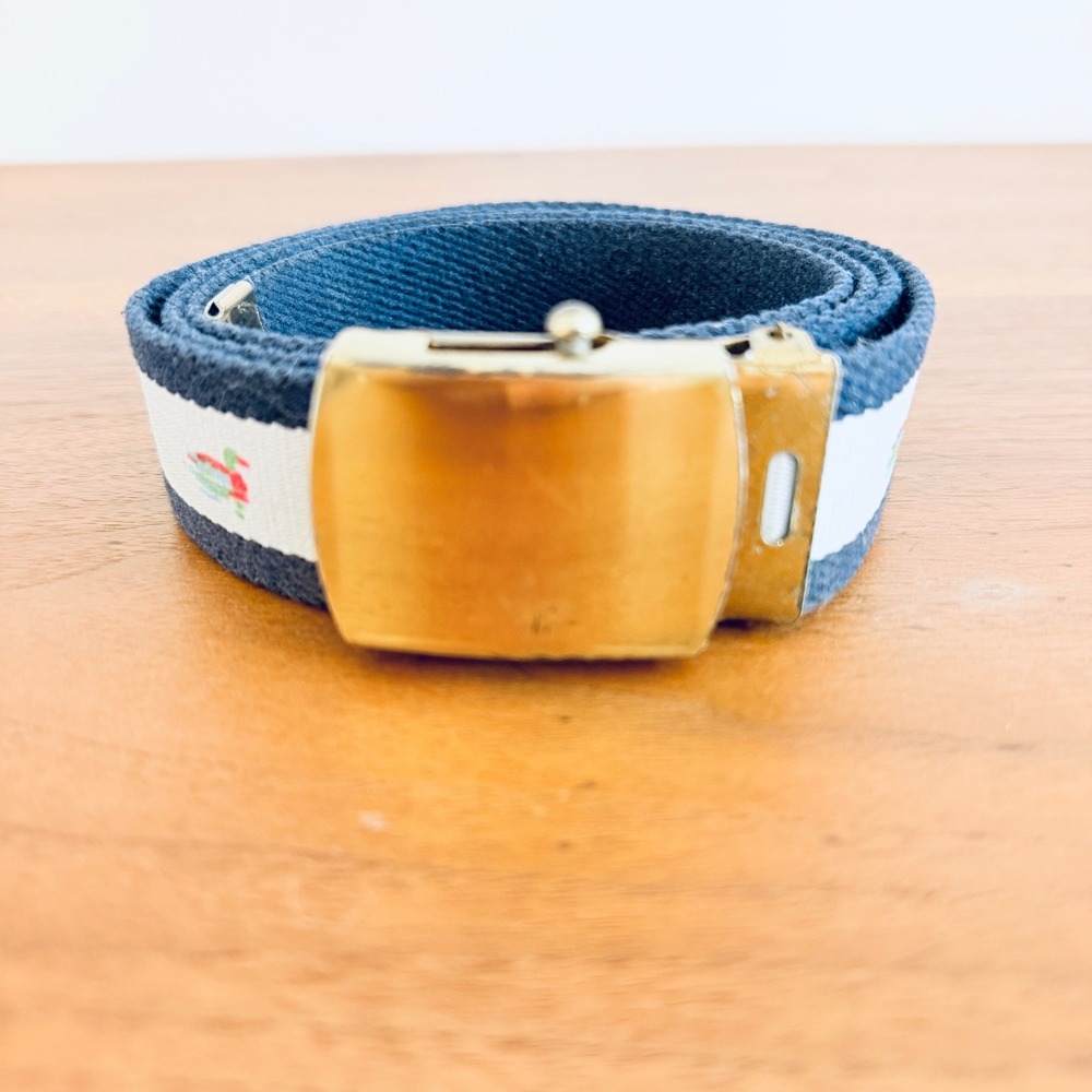 Vintage Mallard Duck Navy Blue Preppy Canvas Web Belt Brass Buckle Made in USA